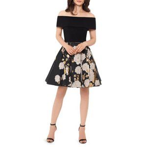 BETSY & ADAM Black & Gold Off Shoulder Fit + Flare Party Mini Dress Size 2